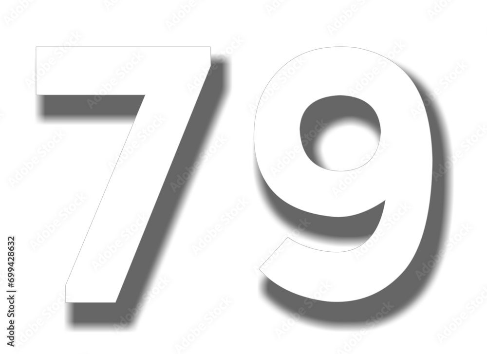 Poster 3d number 79 in white color sign symbol numbers for design elements isolated on transparent backgrou