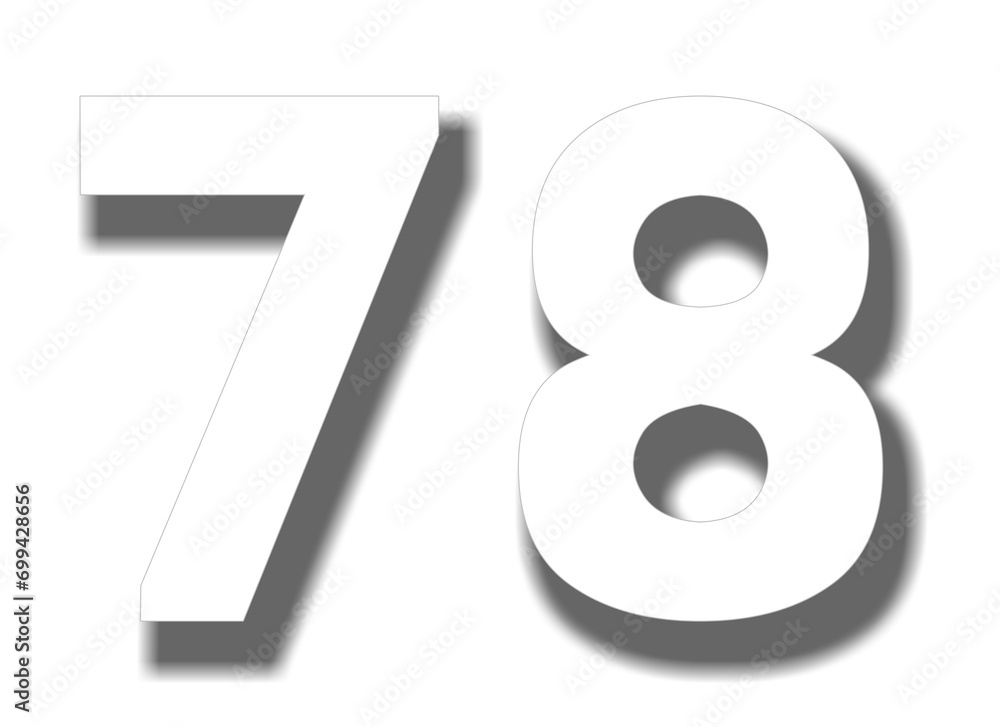 Poster 3d number 78 in red color sign symbol numbers for design elements isolated on transparent background