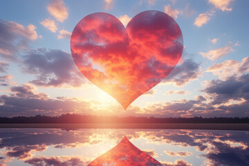 Red Heart Shaped Cloud on Lake Mirrors the Blue Sky Background, White Clouds of the Sunset Sky. Twilight Dramatic Sky for Valentine's Day