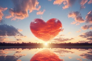 Red Heart Shaped Cloud on Lake Mirrors the Blue Sky Background, White Clouds of the Sunset Sky....