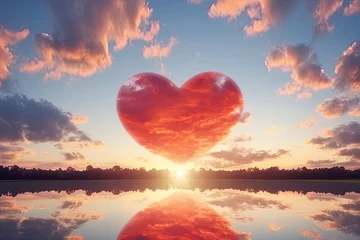 Tuinposter Red Heart Shaped Cloud on Lake Mirrors the Blue Sky Background, White Clouds of the Sunset Sky. Twilight Dramatic Sky for Valentine's Day © RBGallery
