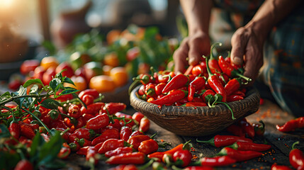 Close up of hand picking chili from the garden - obrazy, fototapety, plakaty