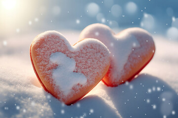 Fototapeta premium Pink Heart Shape Love on White Snow, Christmas Cookies Winter Landscape with Snowfall Background for Valentine's Day