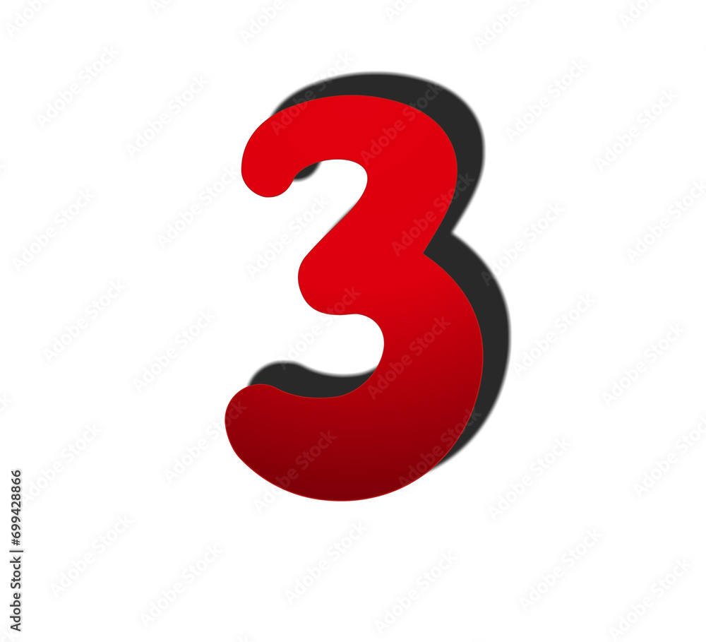 Poster 3d number 3 in red color sign symbol numbers for design elements isolated on transparent background