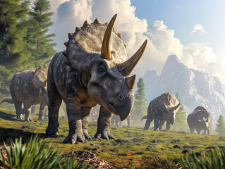 Herd of triceratops dinosaurs - obrazy, fototapety, plakaty