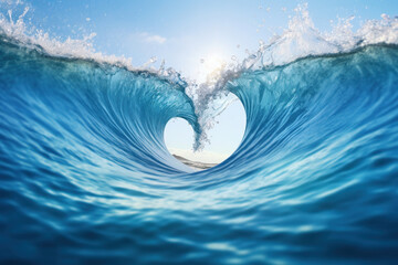 3D Heart Shape Wave in the Light Blue Sea Ripples. Perfect for Valentine's Day Seascapes Background - obrazy, fototapety, plakaty