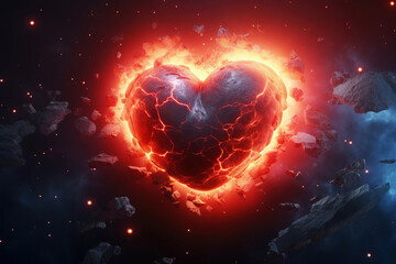 Heart Shape Universe. Symbol of Love, Meteorite Explosion in Space with Solidifying Lava on a Planet Satellite in Orbit