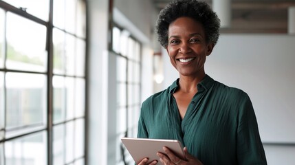 Smiling mid aged mature professional business woman in forest green blouse, 40s female executive or entrepreneur holding fintech tab digital tablet standing in office at work, large window copy space