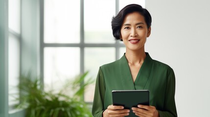 Smiling mid aged mature professional business woman in forest green blouse, 40s female executive or entrepreneur holding fintech tab digital tablet standing in office at work, large window copy space