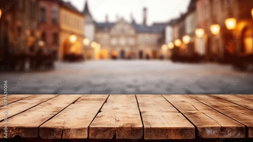 Poster the empty wooden table top with blur background of town square. exuberant image. generative ai