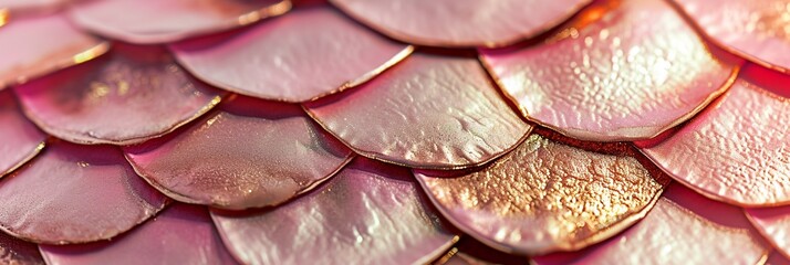 Texture of pink dragon or mermaid scales close up, shiny romantic pink golden metallic gorgeous...