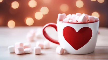 Fototapeten Mug full of hot chocolate cocoa with marshmallows on with heart © Tierney