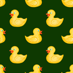 Watercolor seamless pattern. Yellow duck pattern. Toys. Bath duck background. Design for kids, children, textile, fabric, home decor. Rubber ducks for bath. Painted ornament. Dark background
