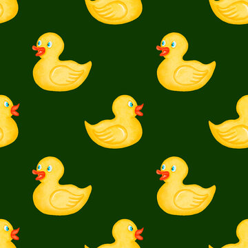 Watercolor seamless pattern. Yellow duck pattern. Toys. Bath duck background. Design for kids, children, textile, fabric, home decor. Rubber ducks for bath. Painted ornament. Dark background