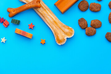 Pet snacks for dogs on blue background