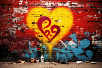 Colorful Hearts Love Graffiti on Urban Brick Wall, Street Art Illustration Background