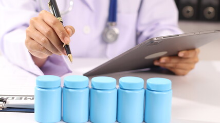 Initial AI illustration of a close-up of a female doctor's hand signing a medical document on a...