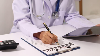Initial AI illustration of a close-up of a female doctor's hand signing a medical document on a...