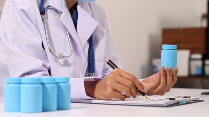 Initial AI illustration of a close-up of a female doctor's hand signing a medical document on a...