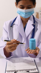 Initial AI illustration of a close-up of a female doctor's hand signing a medical document on a clipboard. and recommending certain medicines to patients on a laptop