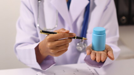 Initial AI illustration of a close-up of a female doctor's hand signing a medical document on a...
