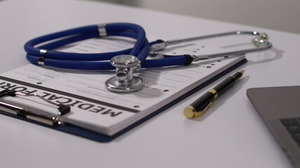 Initial AI illustration of a close-up of a female doctor's hand signing a medical document on a clipboard. and recommending certain medicines to patients on a laptop