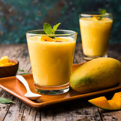 Mango Lassi or yogurt, Indian popular summer drink served in glass with whole Alphonso Aam fruit