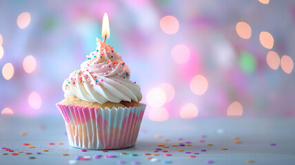 Birthday Cupcake with Candle on pink Pastel Background