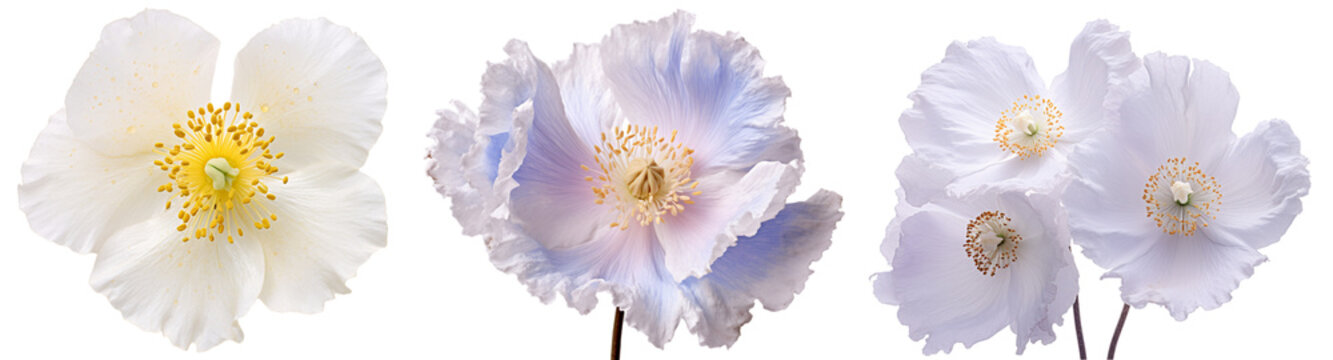 Very close-up view of Meconopsis betonicifolia with detailed like flower stalk, pistil, pollen texture, isolated white background...