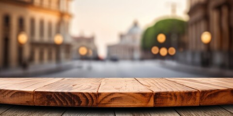 The empty wooden table top with blur background of Rome street. Exuberant image. generative AI