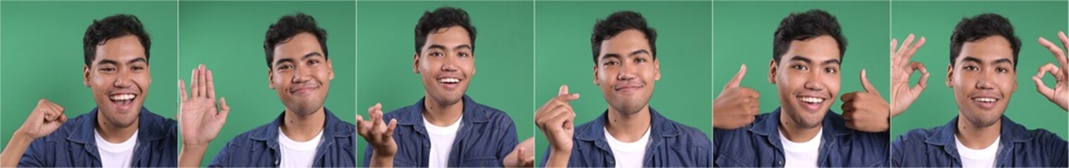 Collage of young Asian man expressing different positive emotions and gesture