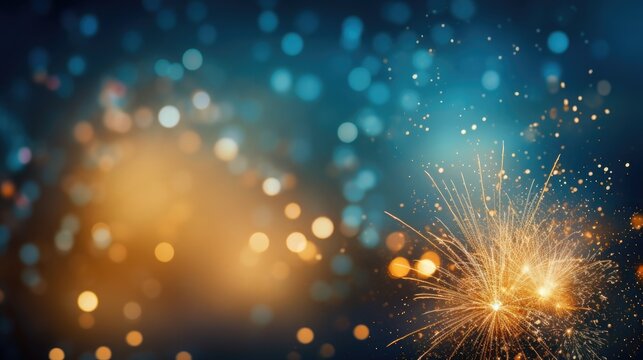 2024 Happy New Year Holiday - Golden Firework Fireworks Pyrotechnics and Bokeh Lights background, captures the essence of a joyous and vibrant New Year celebration marked by dazzling fireworks.