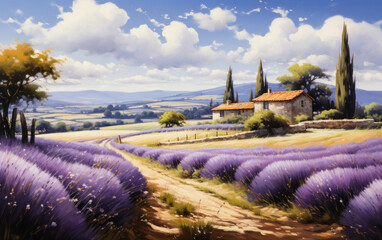 Idyllic landscape painting of a rustic countryside home amidst lavender fields, with cypress trees and rolling hills under a sunny sky - obrazy, fototapety, plakaty
