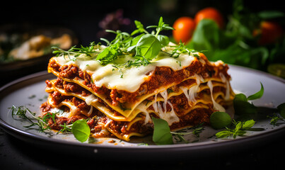 Homemade traditional Italian lasagna on a plate garnished with fresh herbs, ready to be served for a hearty meal