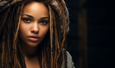 Stunning Portrait of a Young Black Woman with Dreadlocks and a Deep Gaze Against a Dark Background