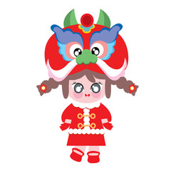 The girl wears a red dragon dress to celebrate the New Year 2024