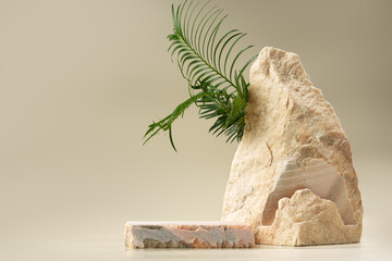 Granite stone with branch green leaf on beige background