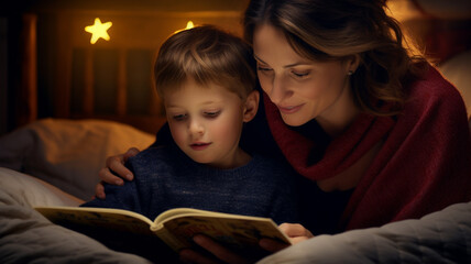A mother reading a bedtime story book to her child at night - obrazy, fototapety, plakaty