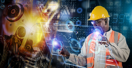 Engineer at work in factory, Double exposure of engineer worker industry point to hologram info...