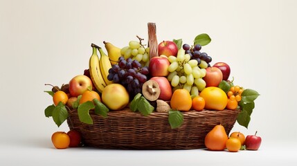 a close-up on a colorful basket brimming with succulent fruits, their juicy textures and radiant colors promising a delightful feast for the senses, 