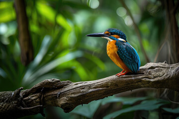 The Guam Kingfisher perching on a weathered branch in a tropical forest
