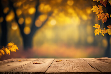 Naklejka na ściany i meble Beautiful blurred autumn background view with empty rustic wooden table for mockup product display. Picnic table with customizable space on table-top for editing in fall season. Flawless generative ai