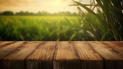 The empty wooden brown table top with blur background of sugarcane plantation. Exuberant image. generative AI - obrazy, fototapety, plakaty