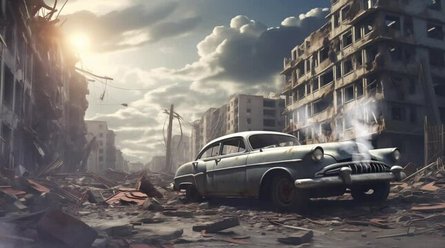 broken car in ruined city after war looping video animation background illustration