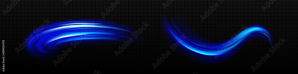 Poster blue light waved neon elements with swoosh effect. realistic vector illustration set of magic glowin
