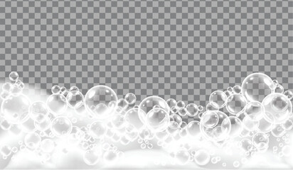 Bath foam realistic concept large bubbles of lush white foam on the surface with transparent background vector illustration - obrazy, fototapety, plakaty