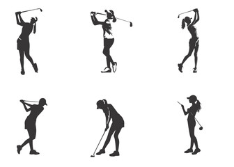 A set of female golfer playing golf in various pose
