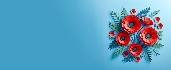 Red poppies on blue background. Remembrance Day, Armistice Day, Anzac day symbol.  ai generative 