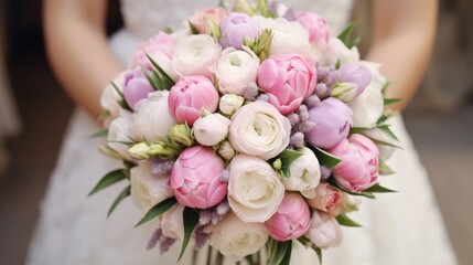 A wedding bouquet. A magnificent bouquet of pink and white flowers, in female hands. The concept of a flower shop. A beautiful fresh bouquet.