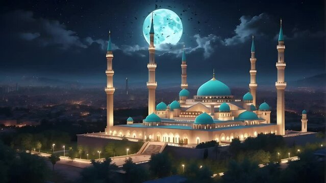 Beautiful mosque at night with beautiful panorama. Seamless animation video Background in 4K Resolution. Generative AI